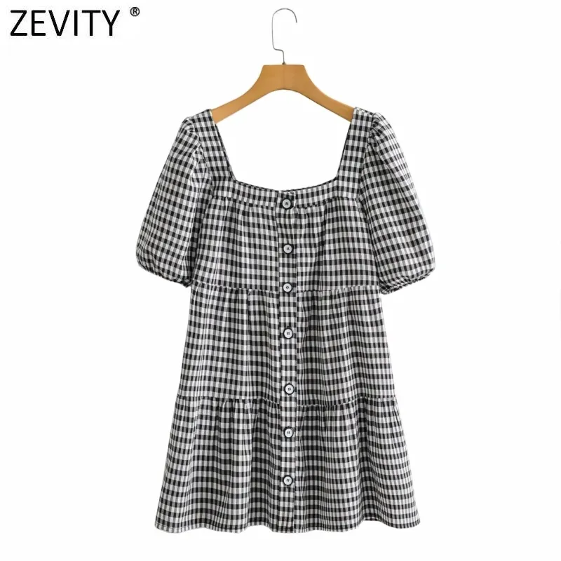 Kvinnor Vintage Puff Sleeve Plaid Print Loose Mini Dress Kvinnor Chic Square Collar Breasted Pleats Vestidos DS8313 210420