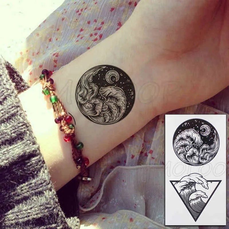 Petit tatouage Flsah Tatoo autocollant étanche Body Art noir et blanc dessin planète soleil lune étoile transfert d'eau temporaire faux tatouages