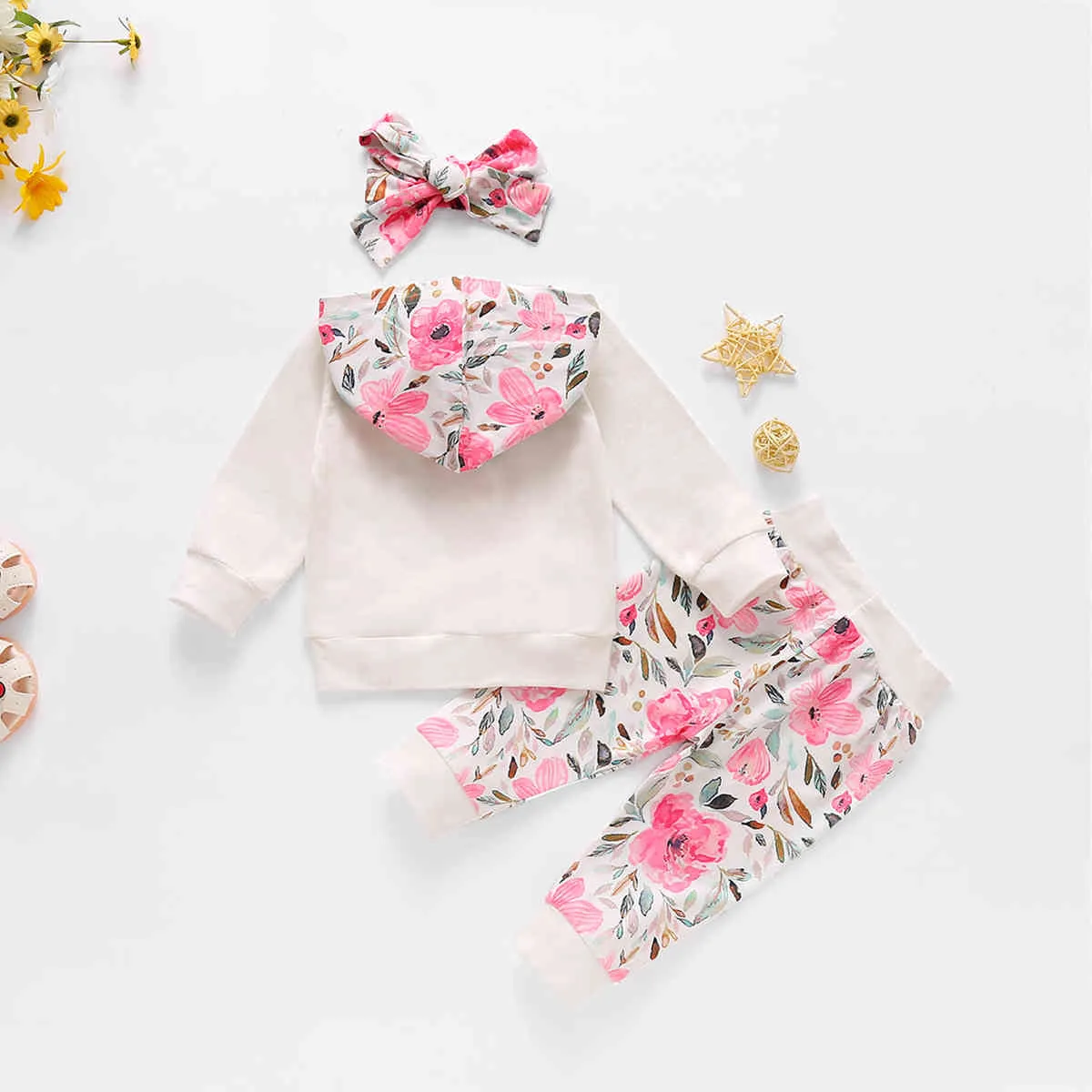 3-24M Цветок рожден младенческие детские девушки одежда набор осенью зима с капюшоном толстовки брюки оголовье цветочные наряды 210515