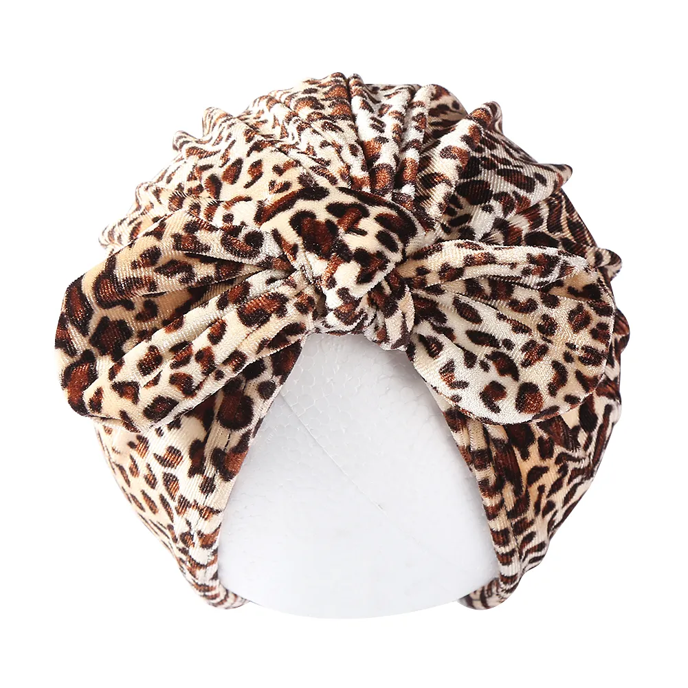 Sammet baby vinter hatt leopard tryckbjörn öra pojke flicka keps blomma fotboll slips färgämne turban headwrap nyfödda hår tillbehör