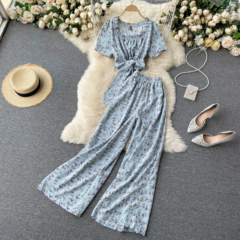 SINGREINY Women Summer Boho Floral Vacation Set Sexy O Neck Short Sleeve Short Top+High Waist Wide Leg Long Pants Two Piece Suit 210419