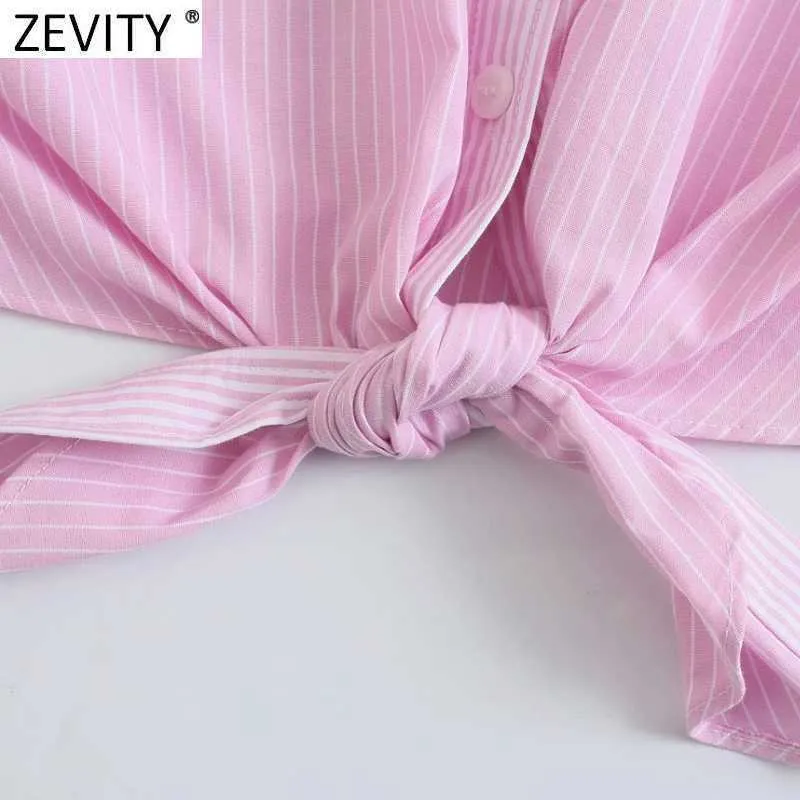 Zevity Femmes Sweet Patchwork Rayé Imprimer Rose Court Smock Blouse Femme Hem Bowknot Chemise Chic Crop Tops LS9210 210603