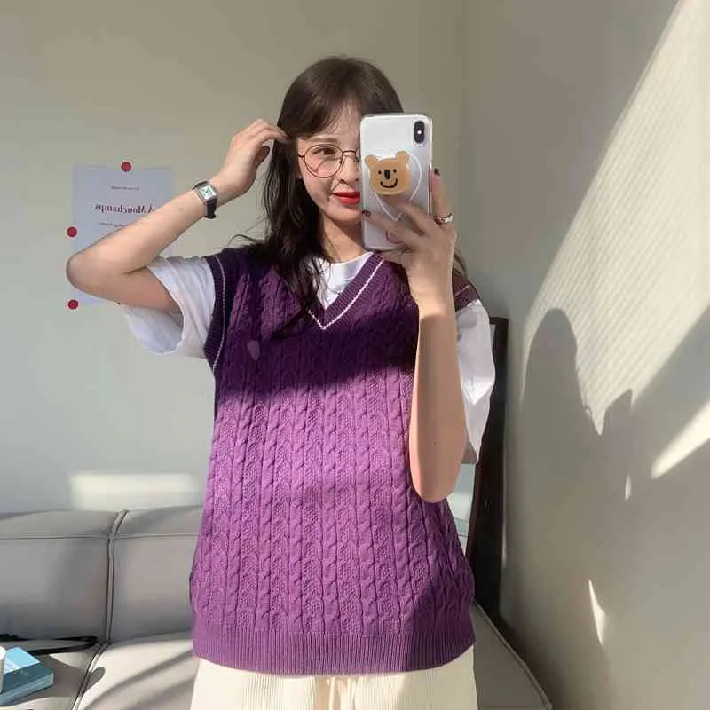 Purple Embroidery Hearts Vest Retro Loose Vintage Women's V-neck Pullover Streetwear Knitted Sweater Tops 210421