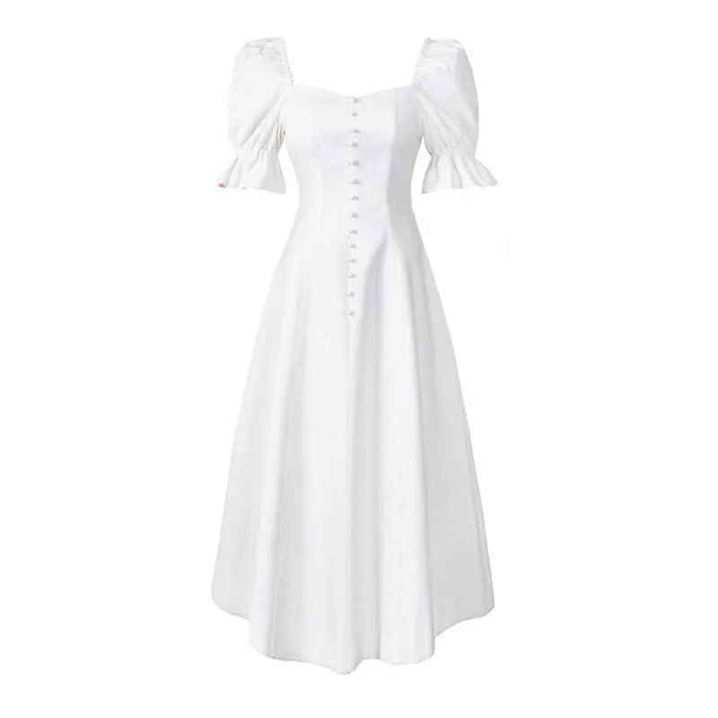 Frauen Süßes weißes Kleid für die Braut Sexy Puffärmel Solide Mode Süße Freizeit Square Neck A-Line Midi Kleider Sommer 210608