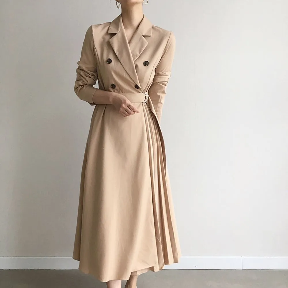 Double-breasted Vintage Dress Korean Style Long Sleeve High Waist Pleated Notched Collar Midi Female SSW060 210428