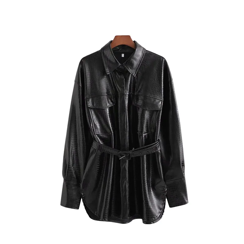 Cool vrouw zwart losse sjerpen jassen lente mode dames oversized lederen jassen vrouwelijke casual uitloper 210515