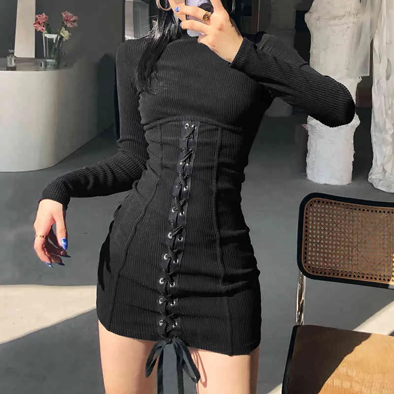 Jesień Czarny Bandaż Wiązanie Damska Dress Y2K Dresses Dresses na rok Sexy Zima Z Długim Rękawem Mock Neck Bodycon Kobieta 210510