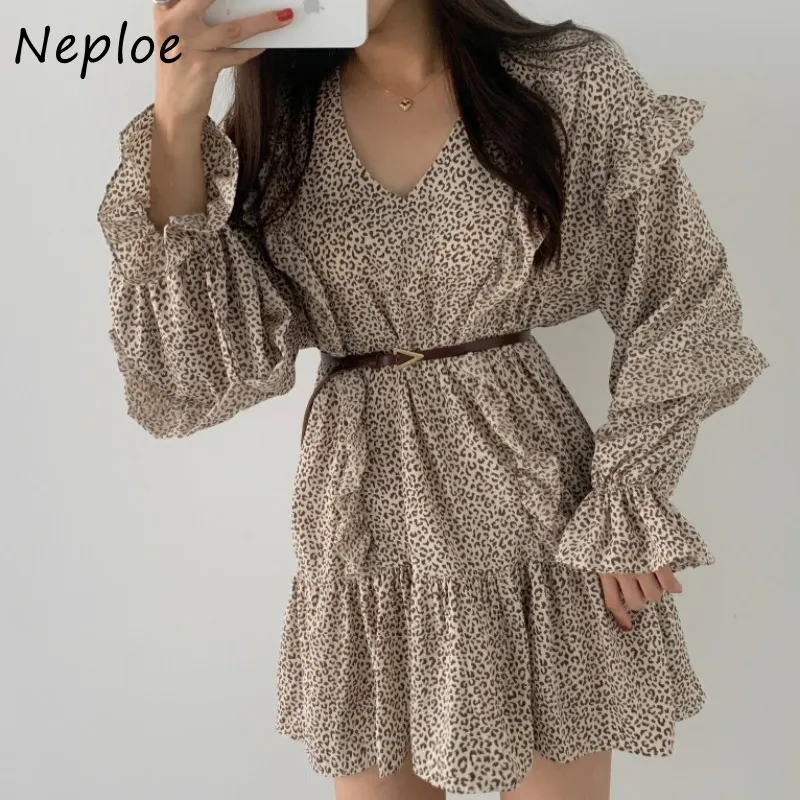 Elegant Ruffles Patchwork Dress Women High Waist Hip A Line Sashes Vestidos V Neck Pullover Long Sleeve Robe Spring 210422