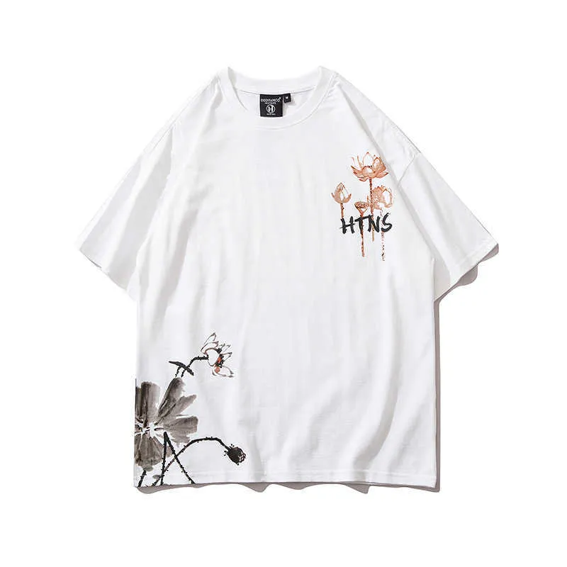 Män Hip Hop T Shirt StreetWear Print Lotus Leaf Målning Tshirt Kortärmad Bomull Sommar Harajuku T-shirt Japan Rosa Tee 210527