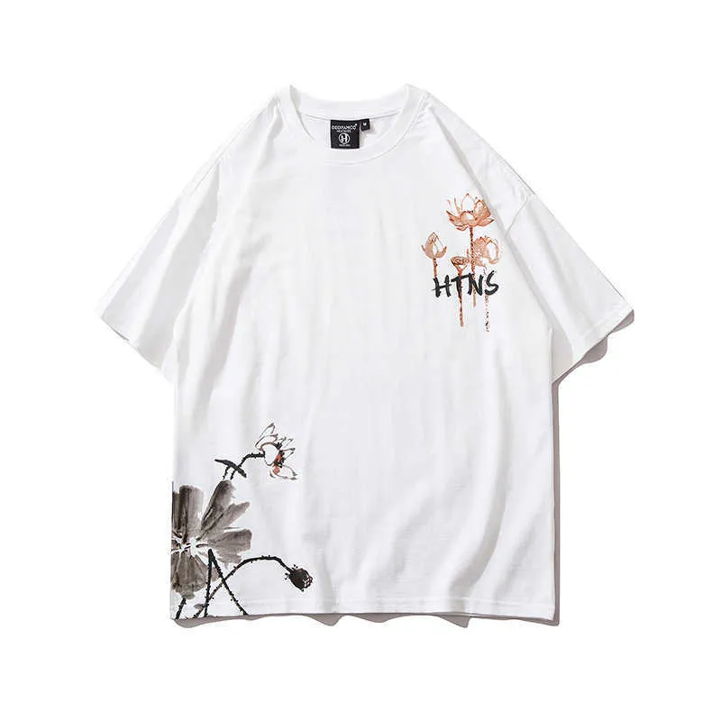 男性ヒップホップTシャツストリートウェアプリント蓮の葉絵画Tシャート半袖コットン夏原宿Tシャツジャパンピンクティー210527