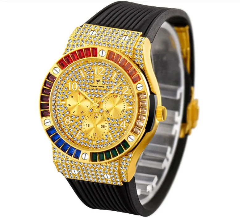 Missfox Life Waterproof Quartz Cwp Mens Watches Square Colorful Diamond Refined Zircon Silicone Strap Mane Wristwatches Multicolo316n