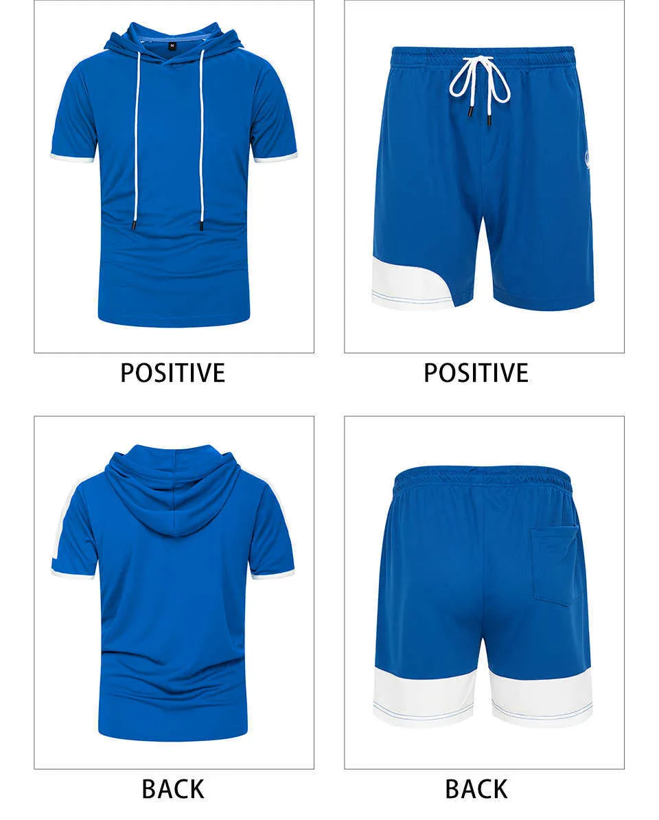 Mode Heren Zomer Casual Trainingspakken Nieuwe Sets Shorts + Korte Mouw T-shirt 2 Stukken Mannelijke Solid Patchwork Hooded Sports Suit X0610