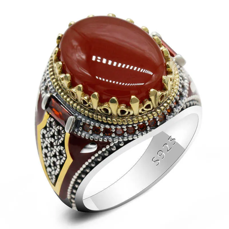 Turkey Jewelry Men Ring with Red Natural Agate Stone 925 Sterling Silver Vintage King Crown CZ Enamel Rings for Women Male Gift 213910877