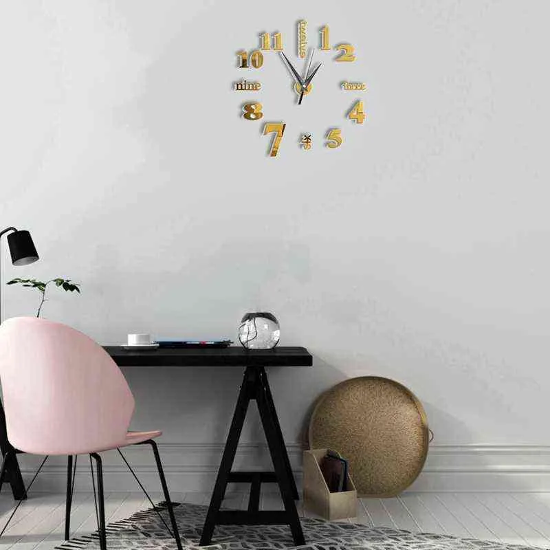 2X 3D Large Wall Clock Mirror Sticker Big Watch Sticker Home Decor Unique Gift DIY gold H1230