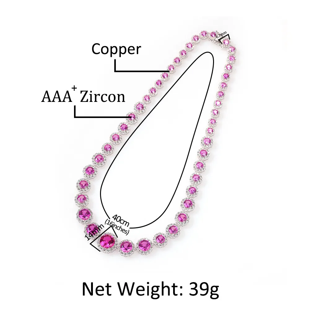 Ruby halsband, stora diamanter halsband kedjor, hip hop runda rosa zircon rad halsband kvinnors mode tröja kedja