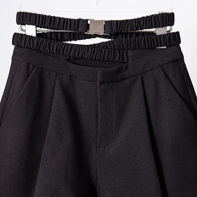 {DEAT} Femmes Black Folds Cross Bayonet Belt Wide Leg Shorts Taille haute Slim Fit Pantalon Fashion Tide Summer 7D1220 210421