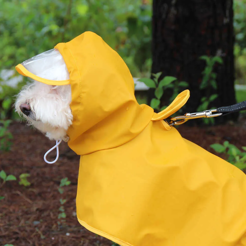 Kapturem Wodoodporna PU Dog Painccoat Dla małych Medium Big Dogs Outdoor Soft Pet Kot Rainwear Cute Yellow Puppy Rain Płaszcz Pug Teddy 211007