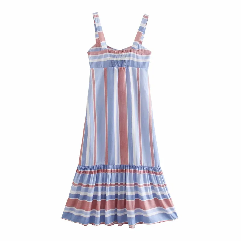 Striped Long Dress Woman Red Blue Slip Midi Summer Women Backless Ruffle Ärmlös Beach Casual ES 210519