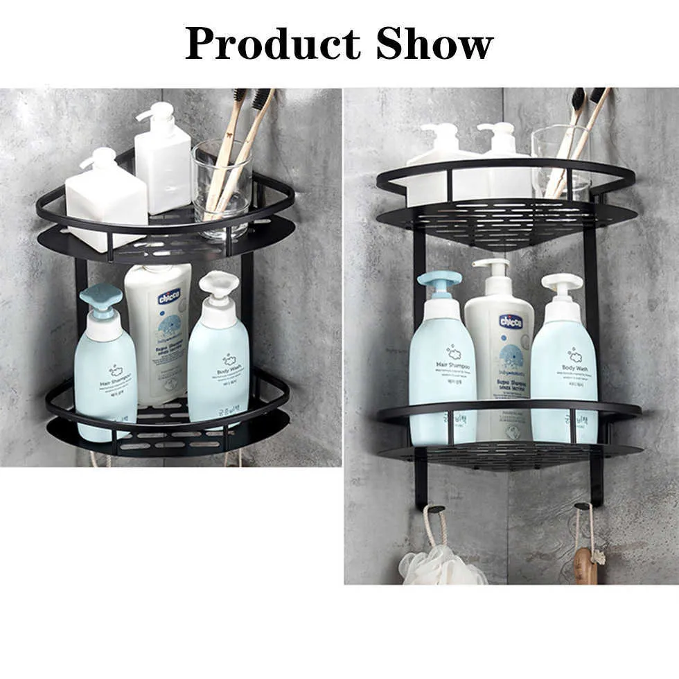 Wall Mounted Bathroom Black Trangle Shelves Aluminum Basket Storage Shower Caddy Shelf hair dryer holder etagere tipi repisa 210724
