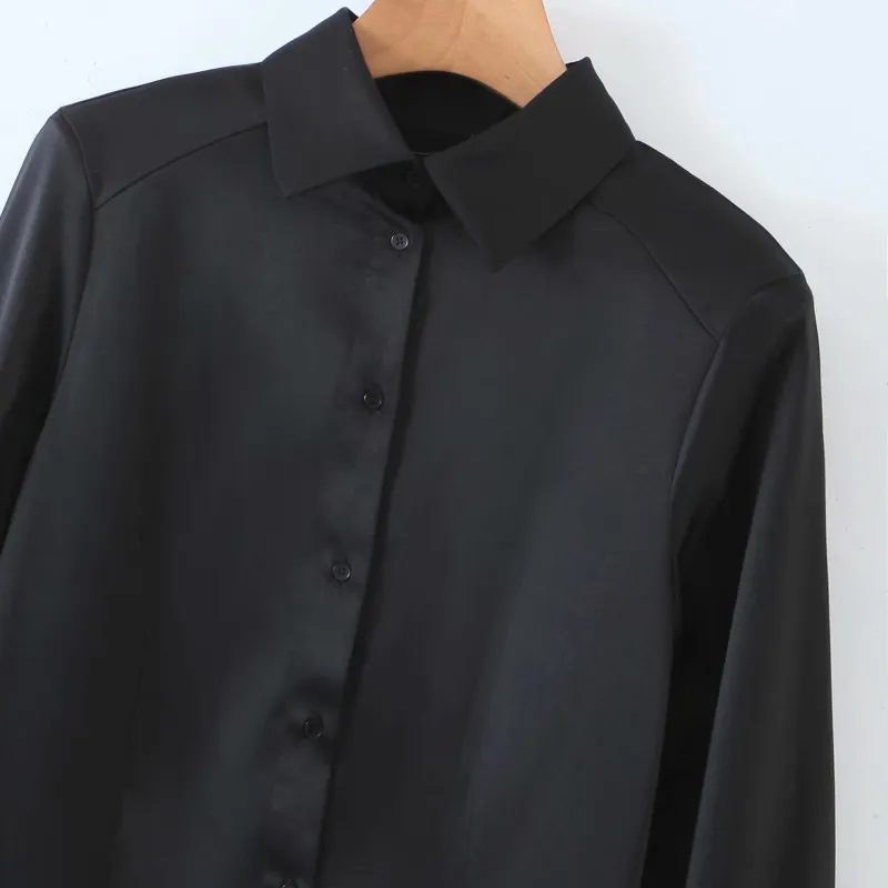 Şık kadın siyah saten omuz ped gömlek bodysuits bahar moda yumuşak taban kadın zarif düğme 210515