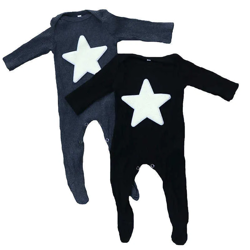 Casual Baby Boys Ribbed Cotton Barboteuses Noir Doux Automne Star Bebe pyjamas Kid Girls Vêtements d'hiver 0-12M tenues en gros 210724