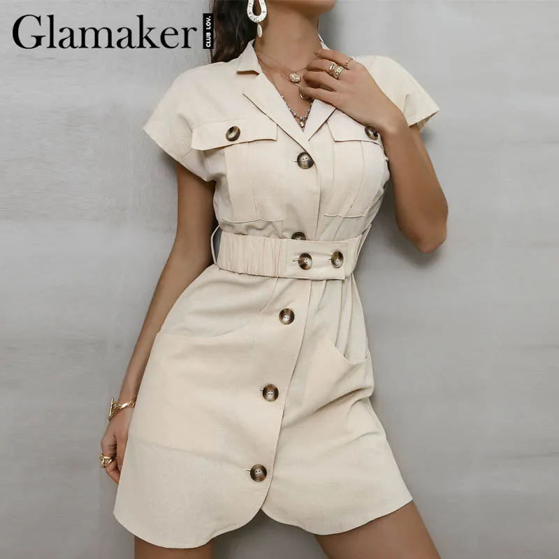 Mini abito tutto-fiammifero moda casual in cotone Glamaker Abito da donna bianco da tasca con bottoni femminili da ufficio con cintura Abiti eleganti 210331