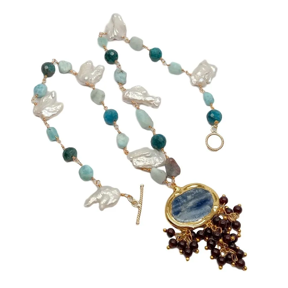 Cute Style Blue Kyanites Gannet Подвеска натуральный белый Keshi Pearl Larimar Apatite Wrap Ожерелье для женщин
