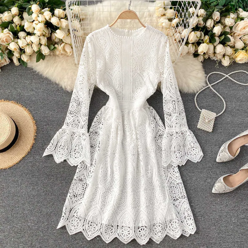 Automne hiver rose/blanc/beige évider robe de soirée femmes vintage robe o-cou évasé manches longues taille haute robes 2020 nouveau Y0603