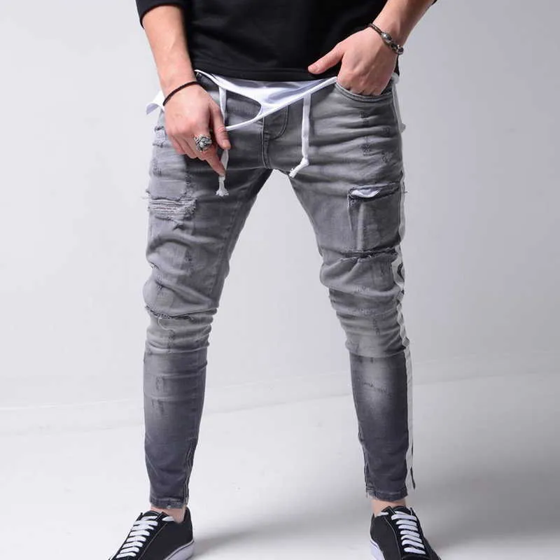 Men Skinny Ripped Jeans Hip Hop Spring Autumn Striped Streetwear Casual Pencil Pants Denim Clothes Male vaqueros hombre X0621