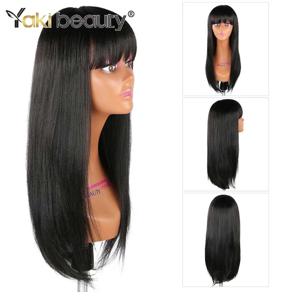 Długa prosta czarna peruka z grzywką syntetyczne peruki włosów uderzanie z perukami dla czarnych kobiet odpornych na ciepło peruki Yaki BeautyFactory Direct
