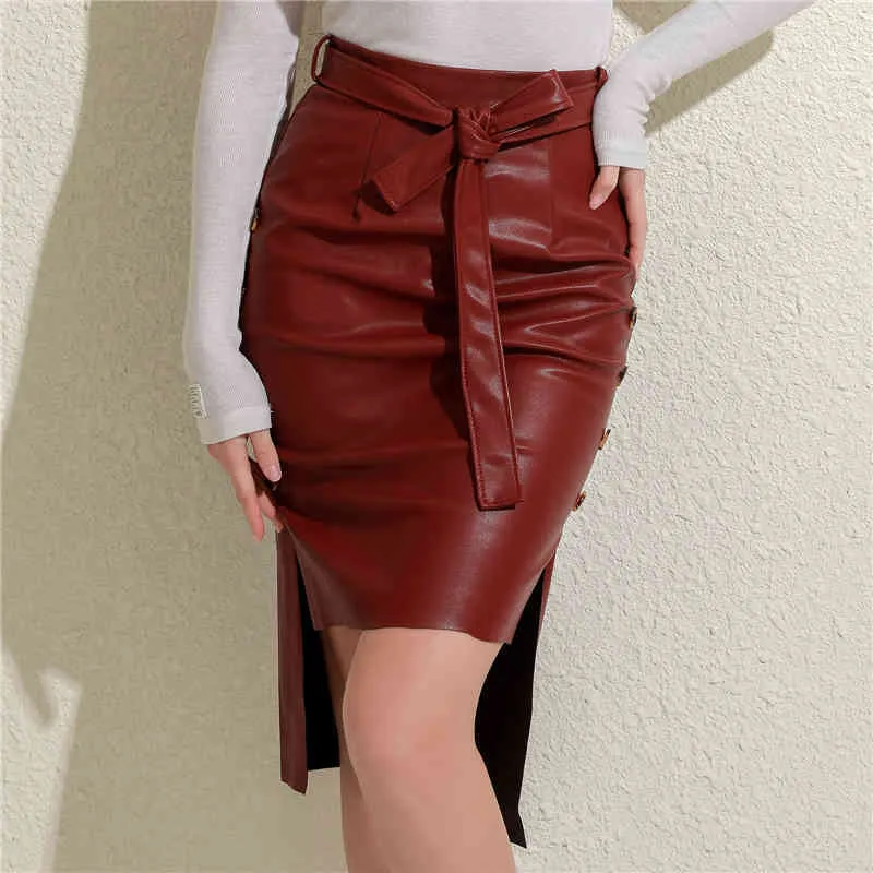 2021 Women's Bodycon Skirts Black Sexy Ladies Solid PU Leather Slim Skirts High Waist Pack Hip Skirts Split Fork High Quality X0428