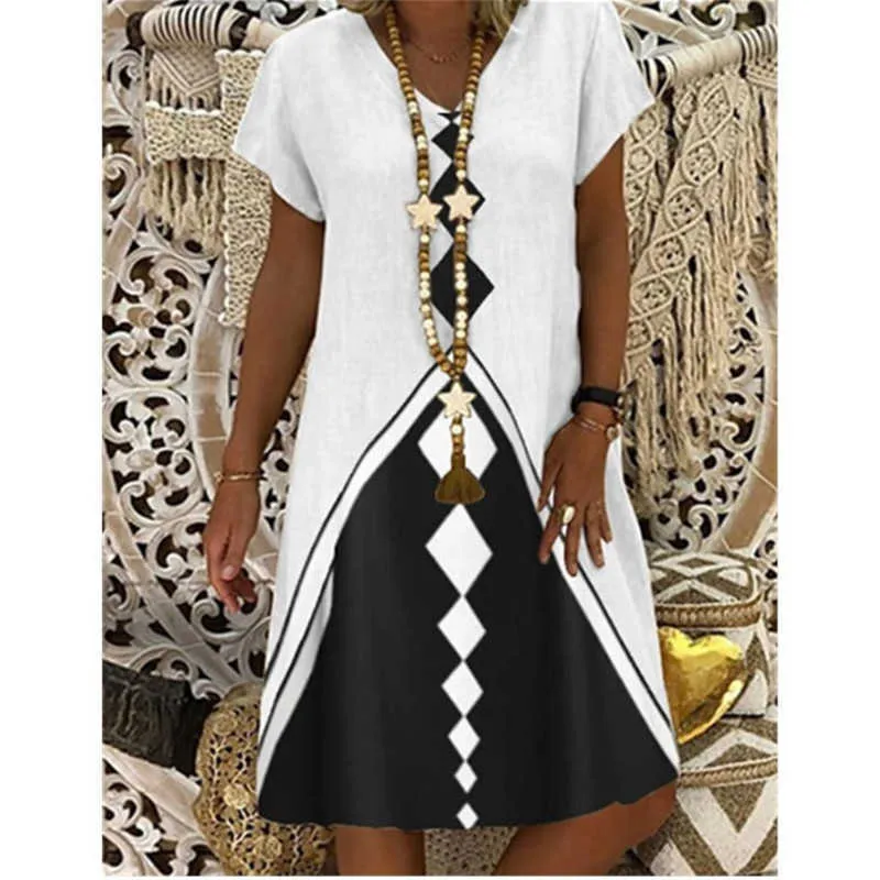 Vintage kvinnor sundress casual kortärmad v-hals tryckt miniklänning sommar blommig a-line stor storlek 3xl lady vestidos 210526