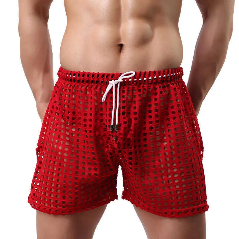 Mens Trunks Mesh Fishnet Holle Boxers Transparante Losse Causale Shorts Slaapbodems Sneldrogend Elastici Palestra 210714