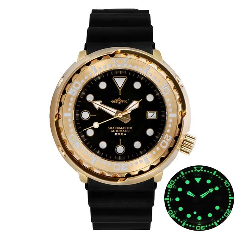 Heimdallr brons tonfisk automatisk klocka mekanisk NH35A Sapphire Crystal Diver Watches 200m C3 Super Luminous Gold Wristwatch Wrist265a