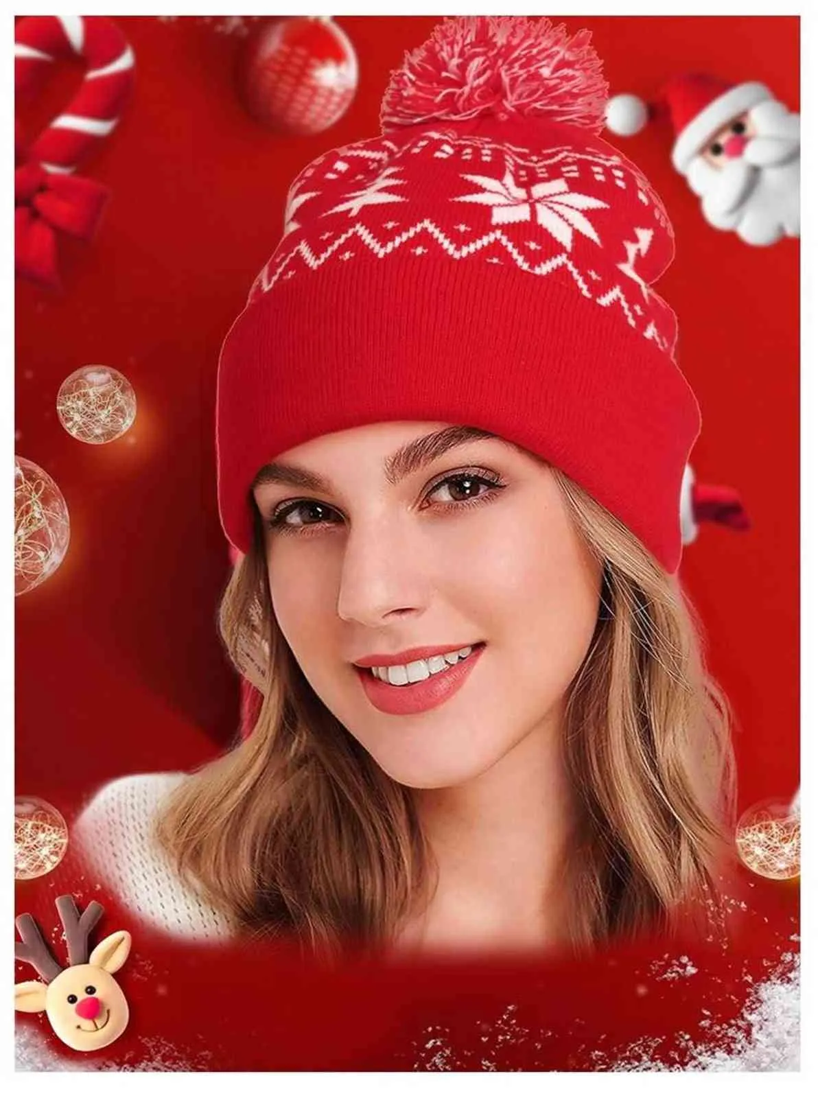 2022新しいニットジャカードクリスマス帽子の毛皮ボール裾帽秋と冬の暖かい帽子新年のギフトビーニー卸売ボンネットY21111