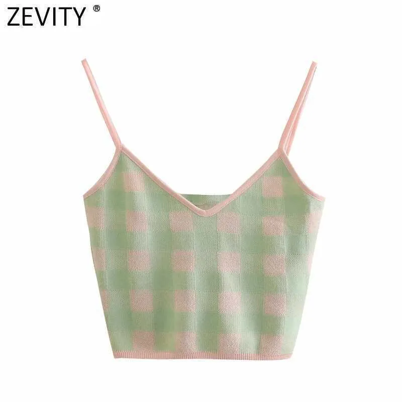 Zevity Frauen Swee Plaid Print Kurze Strick Sling Pullover Weibliche Spaghetti Strap V-ausschnitt Weste Chic Sommer Crop Tops SW718 210603