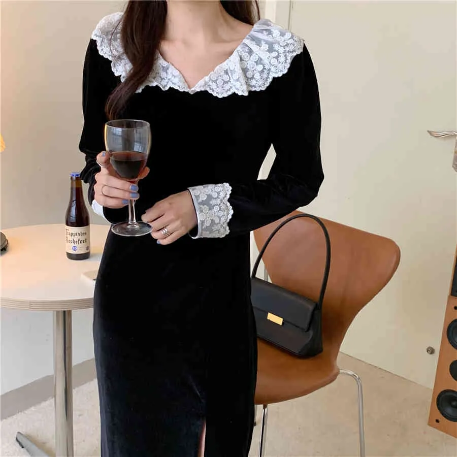 Black Gentle Elegant Women Velvet Chic Female Retro Patchwork Lace Slim Split Dress Vintage Fashion Long 210525