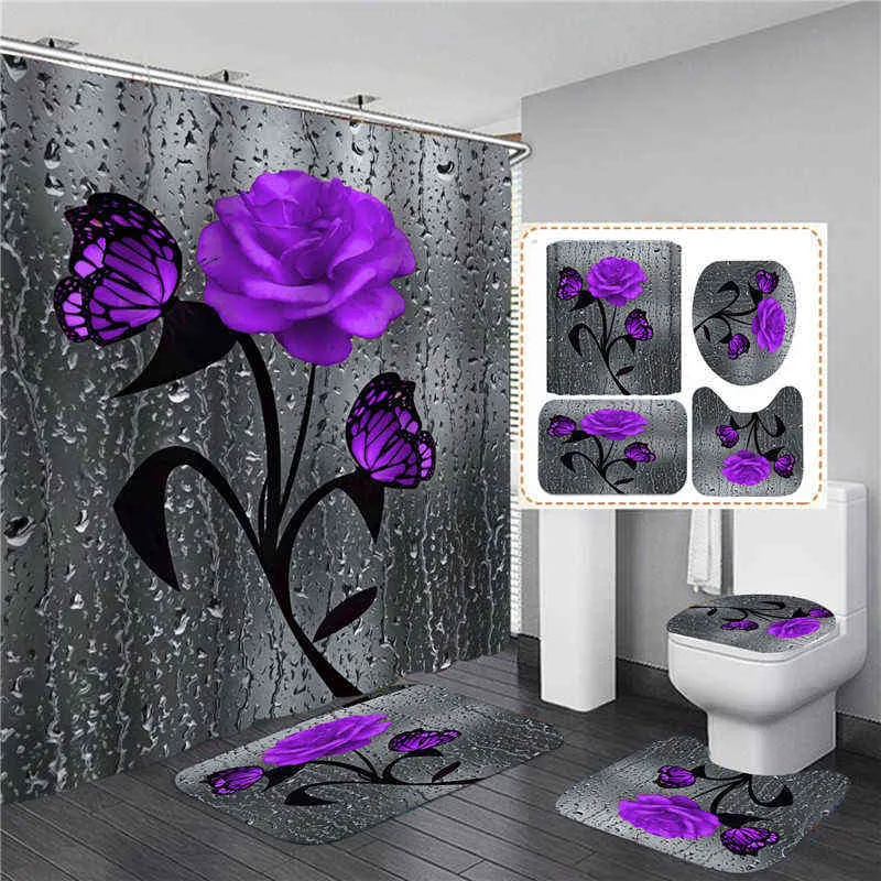 ROSE INTRACT 3D DOUCHE CURTAIN IMPLIPATHER POLYESTER ROUTEUR DE SALLE DE SALLE ANTISLIP MATS SET TOUCHES DU TOCH