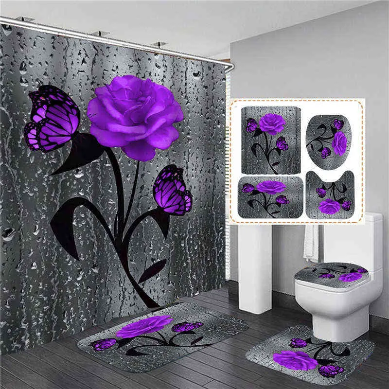 4 pezzi Rose Print 3D Tenda da doccia Tenda da bagno in poliestere impermeabile Tappetini da bagno antiscivolo Set Tappeti WC Tappeto Decorazioni la casa 211223