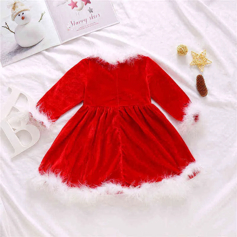 6M-4T Toddler Enfants Bébés Filles Tenue De Noël À Manches Longues Rouge Velours Princesse Robe De Fourrure Avec Ceinture Enfants Père Noël Cadeaux 211027