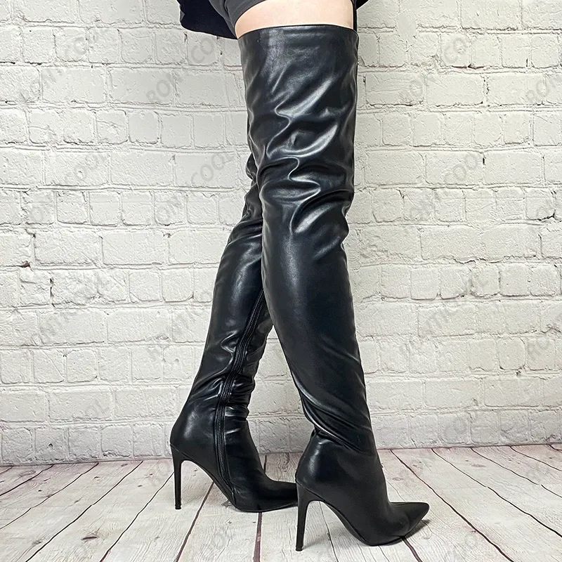 Rontic New Women Winter Botas de Coxa Faux Leather Side Zipper Stiletto Saltos apontados Toe Black Boutique Sapatos Tamanho 5-15