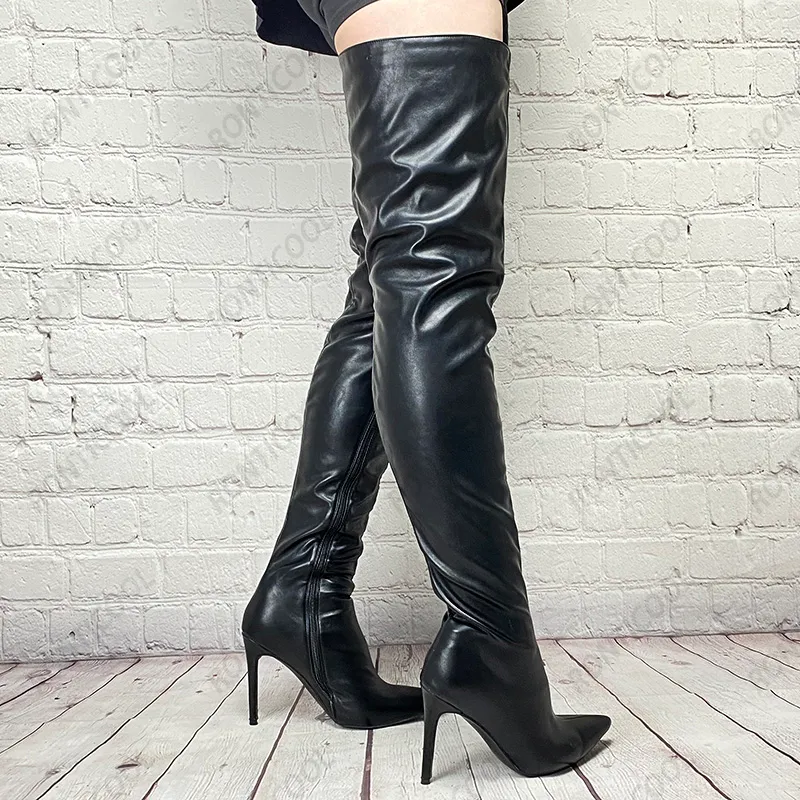 Rontic nouvelles femmes hiver cuissardes Faux cuir côté fermeture éclair talons aiguilles bout pointu noir Boutique chaussures taille américaine 5-15