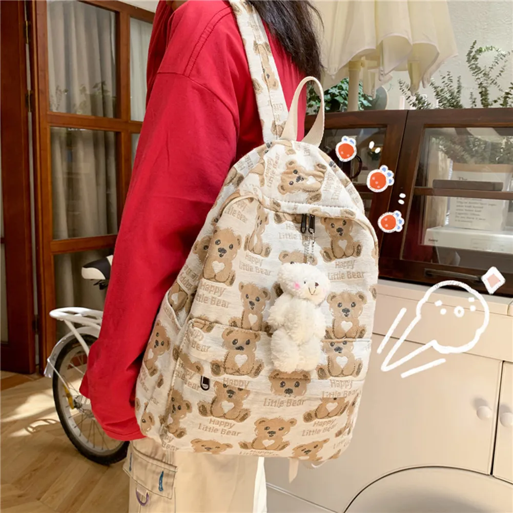 Casual Preppy Style Canvas Fashion Cartoon Bear Printing Women Backpack Large Capacity School Bags Rucksack Knapsack For Ladies