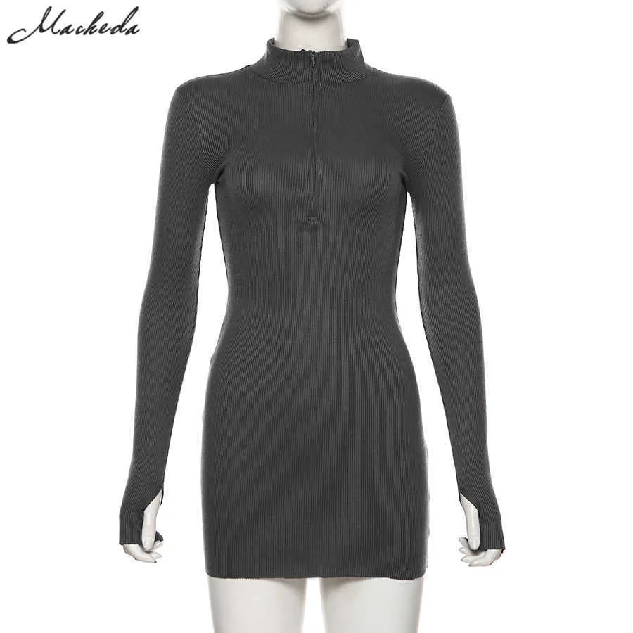 Macheda Autumn Winter Stretch Slim Soft Ribbed Knitted Turtleneck Dress Woman Fashion Solid Black Casual Bodycon Zip Dress 210915