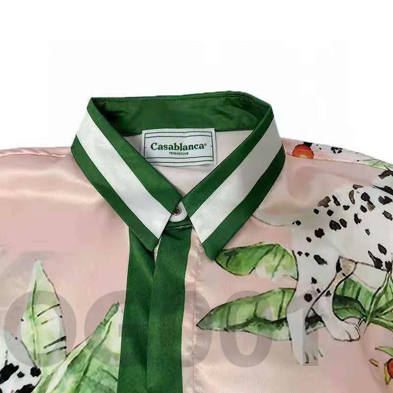 Casual Shirts High version Casablanca spotted dog pink Printed Silk Hawaiian Long Sleeve Shirt Men's and women's couple's shirt