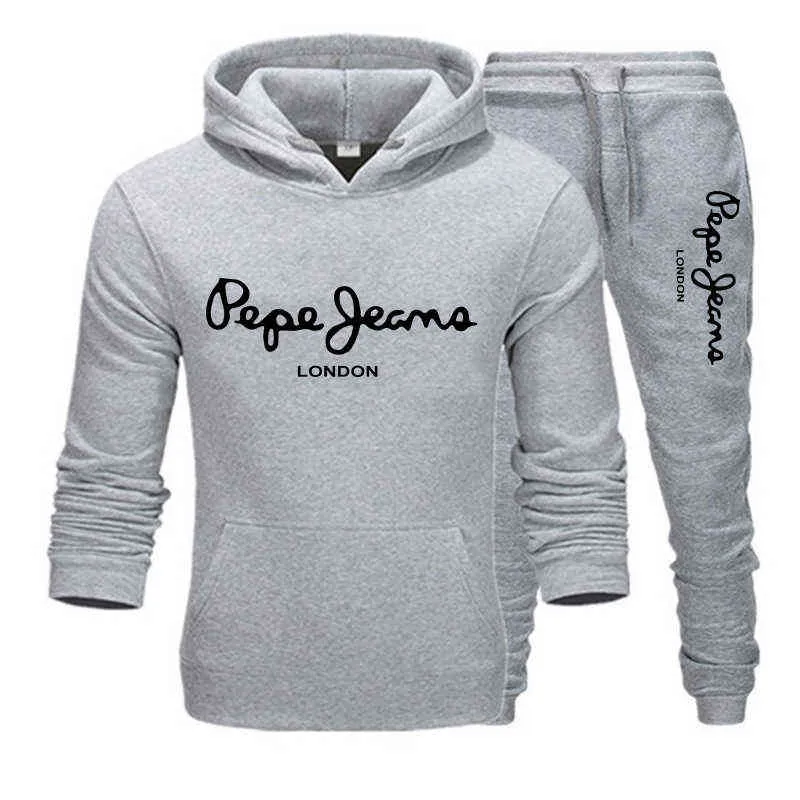 Vinter Pepe Tryckt Mäns Sportkläder Sweater Set Pure Färg Hoodie Casual Fashion Stor Storlek Bekväm Tracksuit 211123