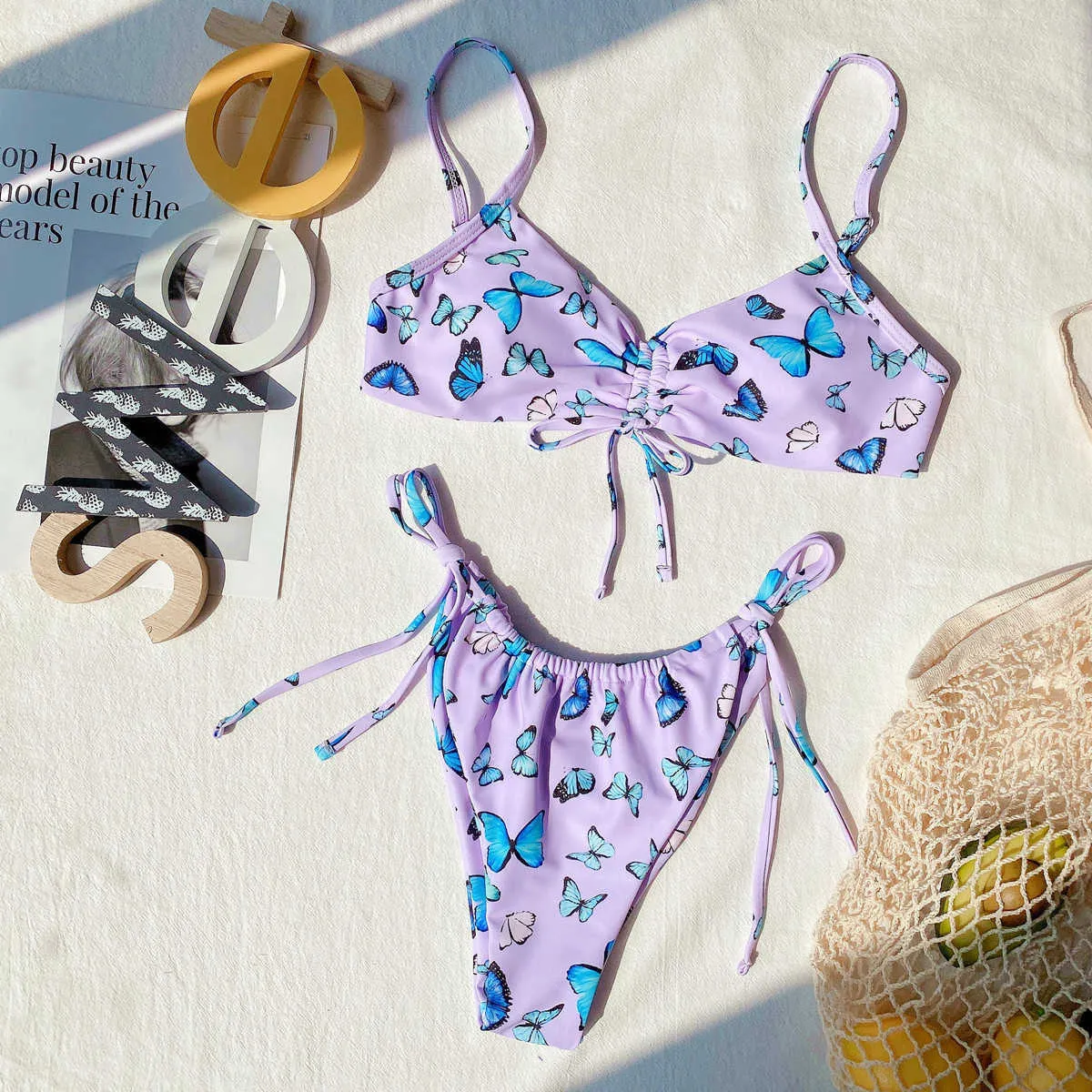 Butterfly Printed Drawstring Bikini Summer Sexy Low Waist Women Brazilian Side Lace-up Micro Sets Sling Beach Wear 210604