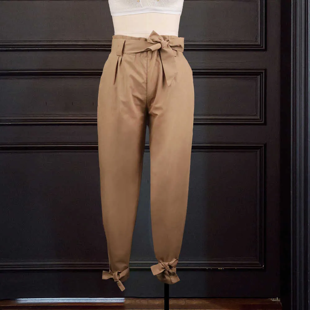 Women Summer Harem Pants with Waist Belt Bowtie Solid Trousers Ladies Casual Fashion Middle Girls Street Clothing 210925