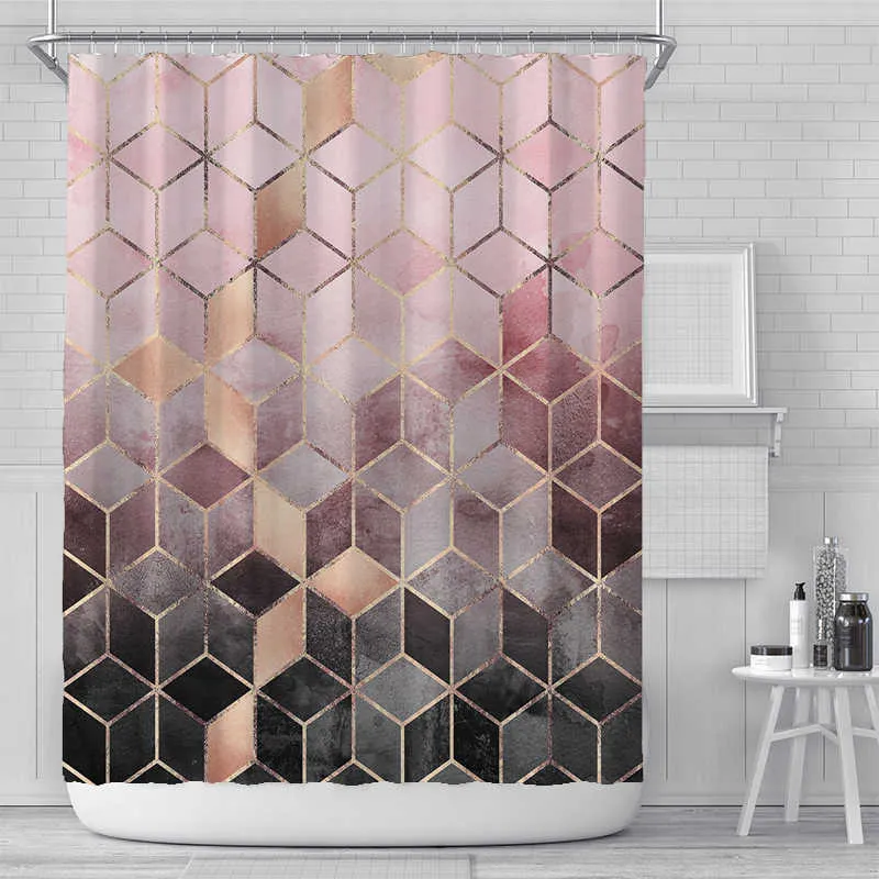 200x180cm 3D geometric marble printing bathroom shower curtain polyester waterproof home decoration with hook 210915