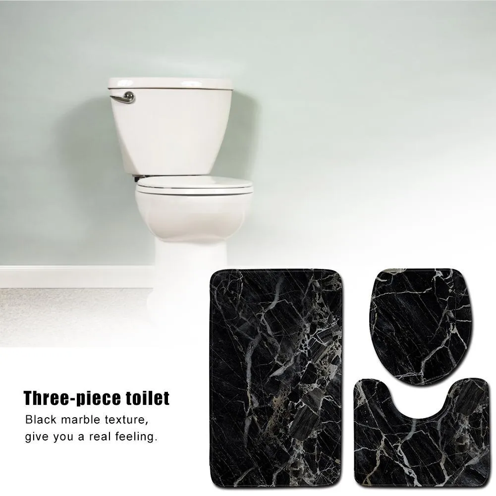 Toilet 3-Piece Set Black Marble Bathroom Mat Sets Contour Rug Flannel Non Slip Bath Pedestal Toilet Seat Lid Cover Bath Mat Sets 210401